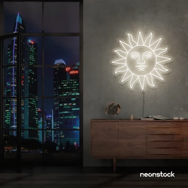 Smiley sun neon sign in neutral white for kids' rooms, nurseries, and cheerful wall decor.