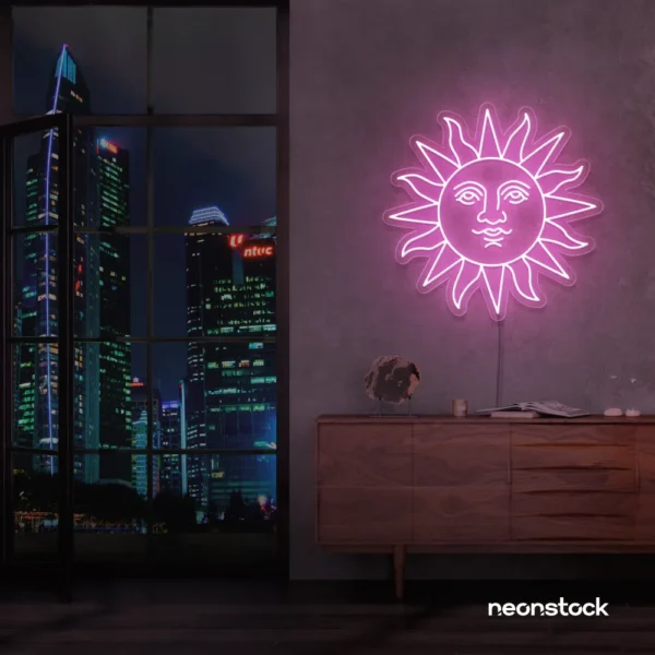 Smiley sun neon sign in baby pink for kids' rooms, nurseries, and cheerful wall decor.