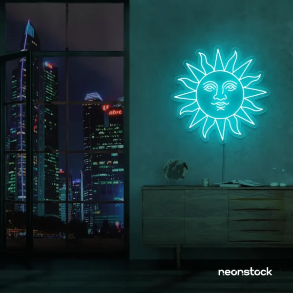 Smiley sun neon sign in mint green for kids' rooms, nurseries, and cheerful wall decor.
