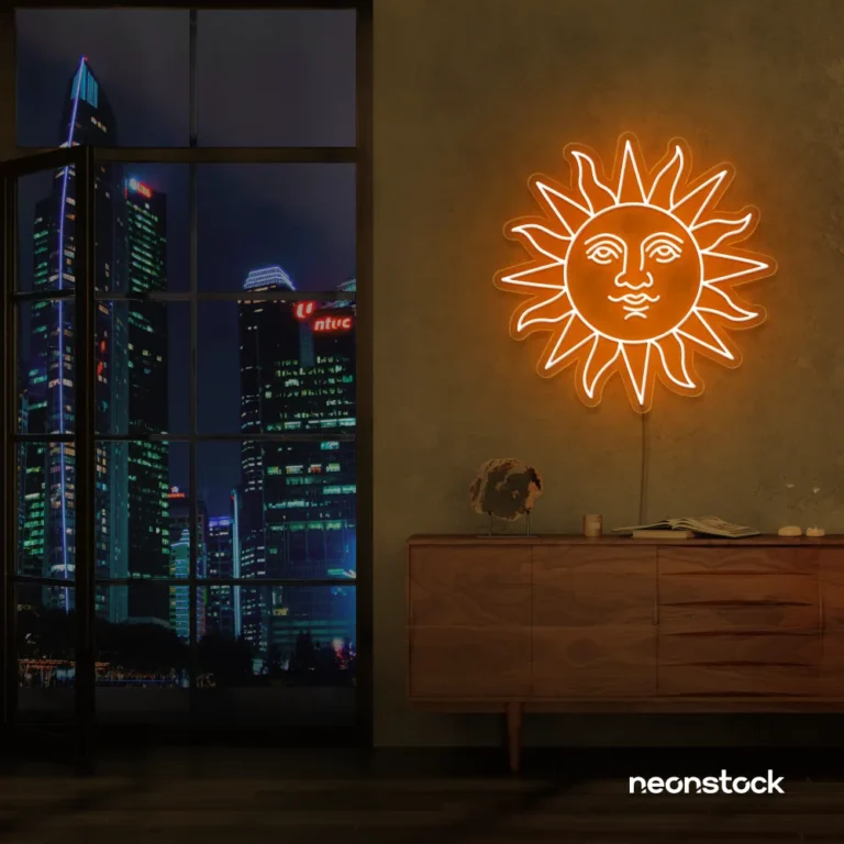 Smiley sun neon sign in orange for kids' rooms, nurseries, and cheerful wall decor.