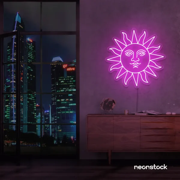 Smiley sun neon sign in pink for kids' rooms, nurseries, and cheerful wall decor.