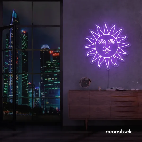 Smiley sun neon sign in purple for kids' rooms, nurseries, and cheerful wall decor.