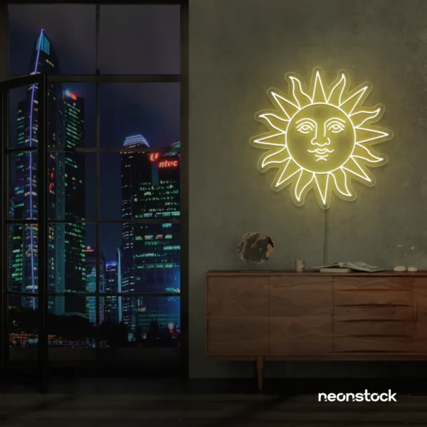 Smiley sun neon sign in warm white for kids' rooms, nurseries, and cheerful wall decor.