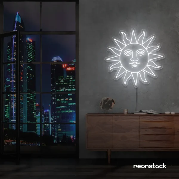 Smiley sun neon sign in white for kids' rooms, nurseries, and cheerful wall decor.