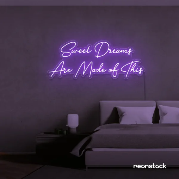 Sweet Dreams Are Made of This neon sign in purple for bedrooms, dreamy wall decor, and ambient lighting.