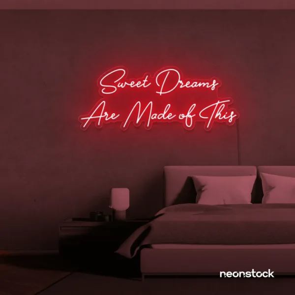 Sweet Dreams Are Made of This neon sign in red for bedrooms, dreamy wall decor, and ambient lighting.