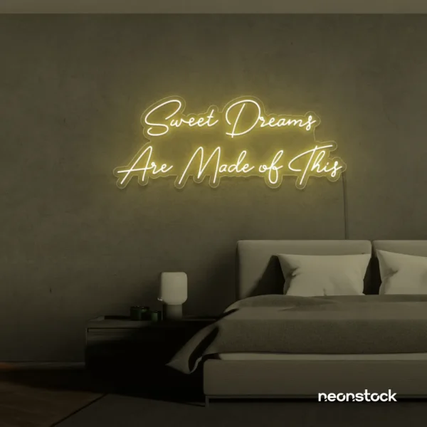 Sweet Dreams Are Made of This neon sign in warm white for bedrooms, dreamy wall decor, and ambient lighting.