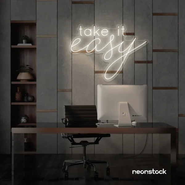 Take It Easy neon sign in neutral white for chill wall decor, boho rooms, and relaxed interiors.