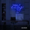 Take It Easy neon sign in dark blue for chill wall decor, boho rooms, and relaxed interiors.