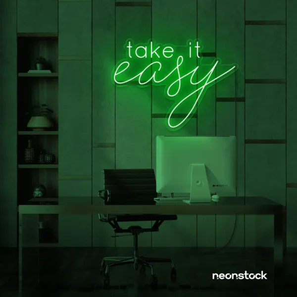 Take It Easy neon sign in deep green for chill wall decor, boho rooms, and relaxed interiors.