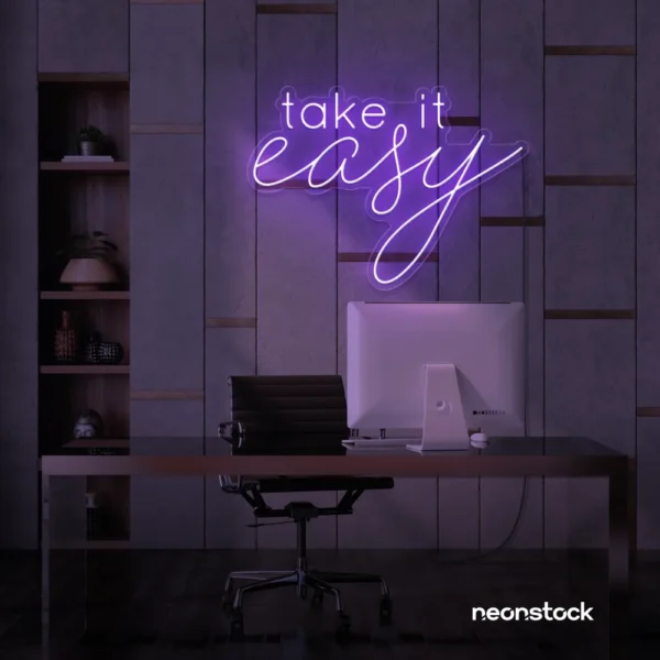 Take It Easy neon sign in purple for chill wall decor, boho rooms, and relaxed interiors.
