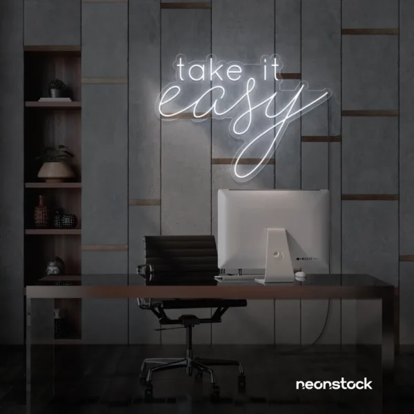 Take It Easy neon sign in white for chill wall decor, boho rooms, and relaxed interiors.