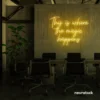This Is Where The Magic Happens neon sign in golden yellow for salons, glam rooms, and makeover studios.