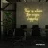 This Is Where The Magic Happens neon sign in warm white for salons, glam rooms, and makeover studios.