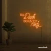 Neon sign text 'Till Death Do Us Party' in orange for wedding decor, romantic event signage, party celebration
