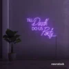 Neon sign text 'Till Death Do Us Party' in purple for wedding decor, romantic event signage, party celebration