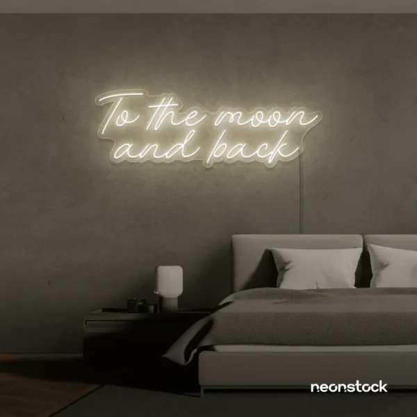 To the Moon and Back neon sign in neutral white for nursery rooms, kids' spaces, and bedtime wall decor.