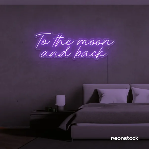 To the Moon and Back neon sign in purple for nursery rooms, kids' spaces, and bedtime wall decor.