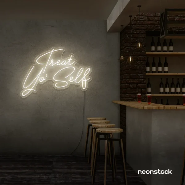 Treat Yo Self neon sign in neutral white for salons, spas, dessert shops, and cozy home spaces.
