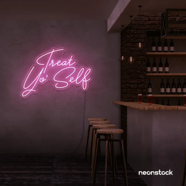 Treat Yo Self neon sign in baby pink for salons, spas, dessert shops, and cozy home spaces.