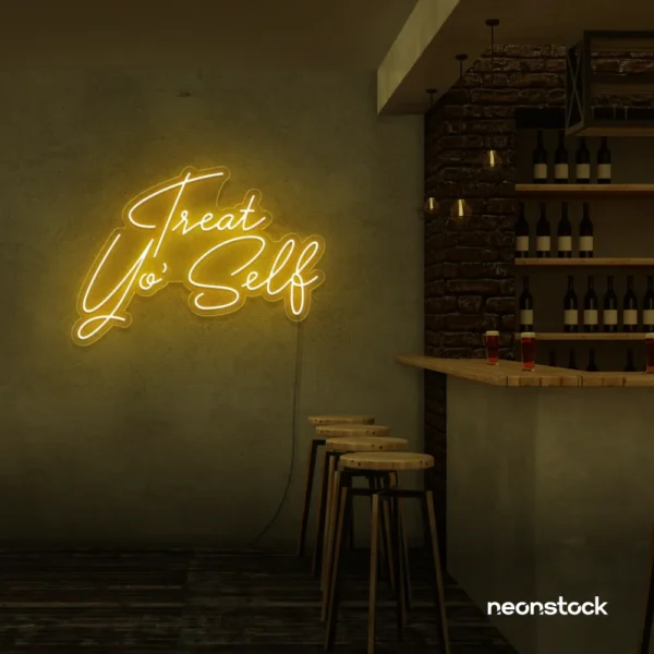 Treat Yo Self neon sign in golden yellow for salons, spas, dessert shops, and cozy home spaces.