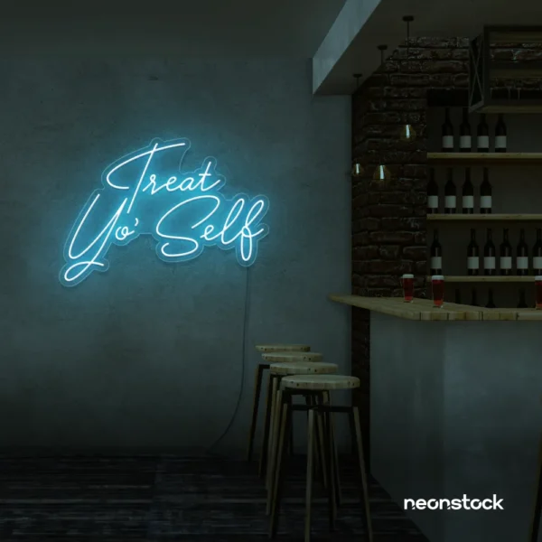 Treat Yo Self neon sign in ice blue for salons, spas, dessert shops, and cozy home spaces.
