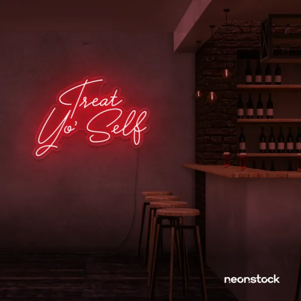 Treat Yo Self neon sign in red for salons, spas, dessert shops, and cozy home spaces.