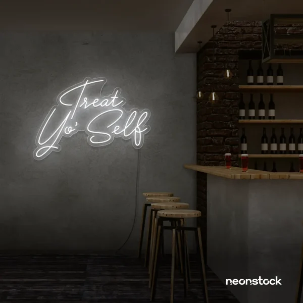 Treat Yo Self neon sign in white for salons, spas, dessert shops, and cozy home spaces.