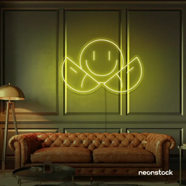 Two-faced emoji neon sign in lemon yellow for teen room wall decor