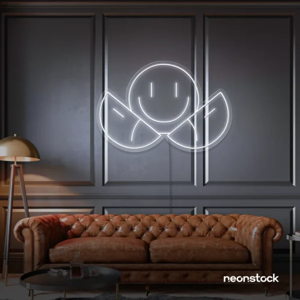 Two-faced emoji neon sign in white for teen room wall decor