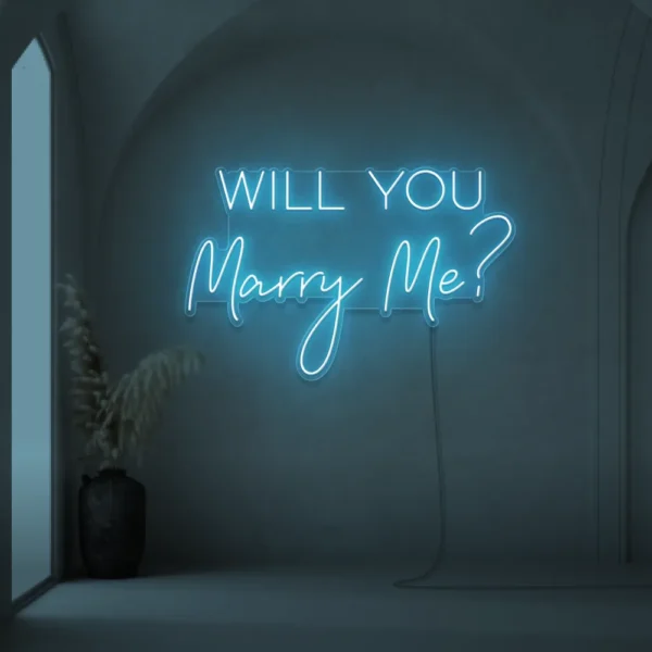 Will You Marry Me neon sign in ice blue for proposal and engagement party decor