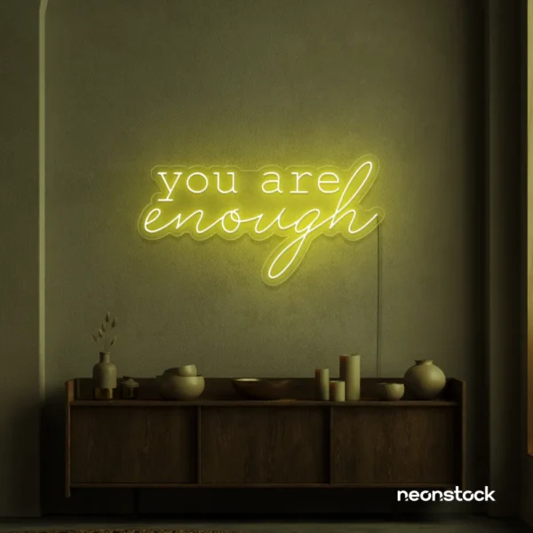 You Are Enough neon sign in lemon yellow for self-love decor, therapy rooms, and calm spaces.