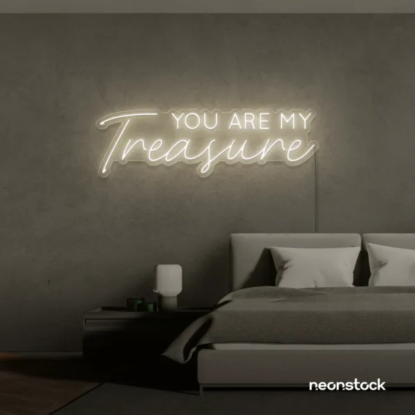 You Are My Treasure neon sign in neutral white for romantic decor, bedroom walls, and love-filled spaces.