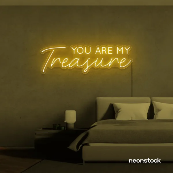You Are My Treasure neon sign in golden yellow for romantic decor, bedroom walls, and love-filled spaces.
