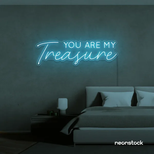 You Are My Treasure neon sign in ice blue for romantic decor, bedroom walls, and love-filled spaces.
