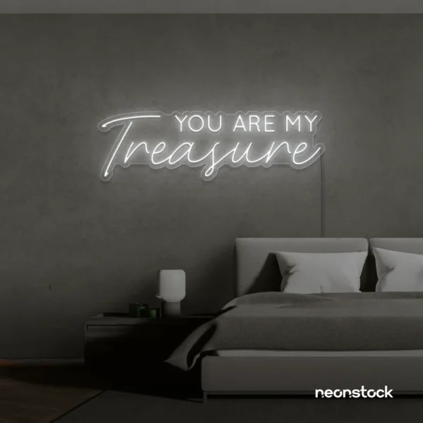 You Are My Treasure neon sign in white for romantic decor, bedroom walls, and love-filled spaces.